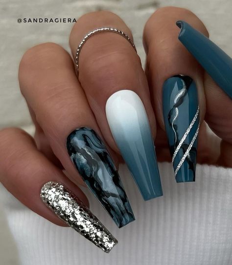 Fly Nails, Blue And Silver Nails, Nail Magic, Silver Nail Designs, Grey Nails, Fantasy Nails, Sassy Nails, Ombre Acrylic Nails, Amazing Nails