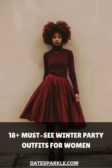 Woman in a burgundy dress with text promoting winter party outfits for women. Company Party Dress, Semi Formal Party Outfits For Women, Winter Semi Formal Outfit, Semiformal Outfit Women Party, Formal Winter Outfits For Women, Winter Tea Party Outfit, Winter Party Outfits, Winter Tea Party, Formal Winter Outfits