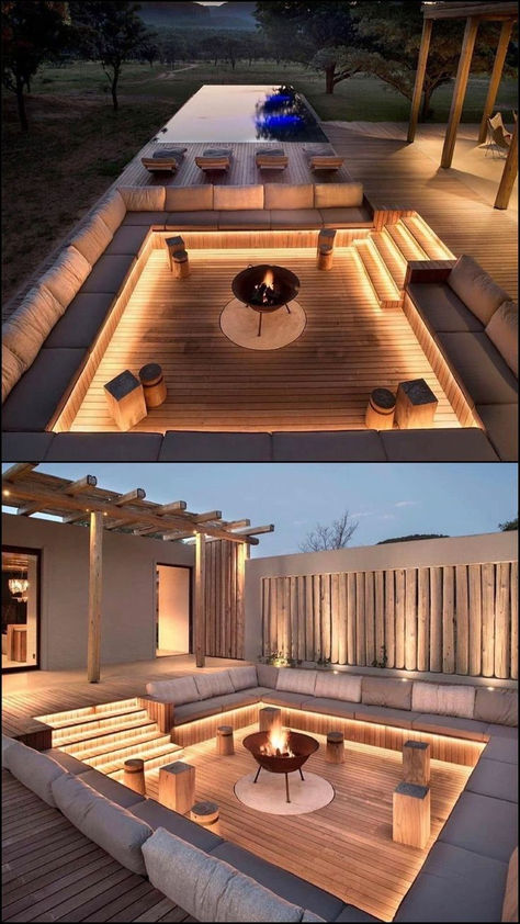 A sunken outdoor lounge with built-in seating around a fire pit, surrounded by ambient lighting and wooden accents. An infinity pool with scenic views completes the luxurious outdoor setting. Sunken Fire Pits, Modern Outdoor Living, Pink Bathroom Decor, Classy Decor, Small Outdoor Spaces, Backyard Living, Small Backyard Pools, Back Garden, Small Backyard Landscaping