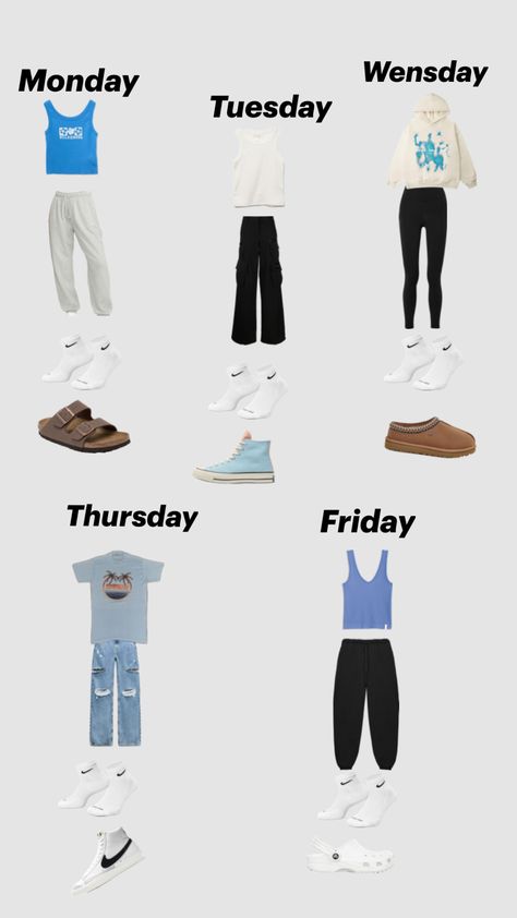 Outfits of the week#outifts Outfits For Everyday Of The Week, What To Wear Each Day Of The Week, Week Of Outfits For School, Weekly Outfit Ideas, Outfits For The Week School, What To Wear On Wednesday, Days Of The Week Outfits, Monday Outfits, Fits Of The Week