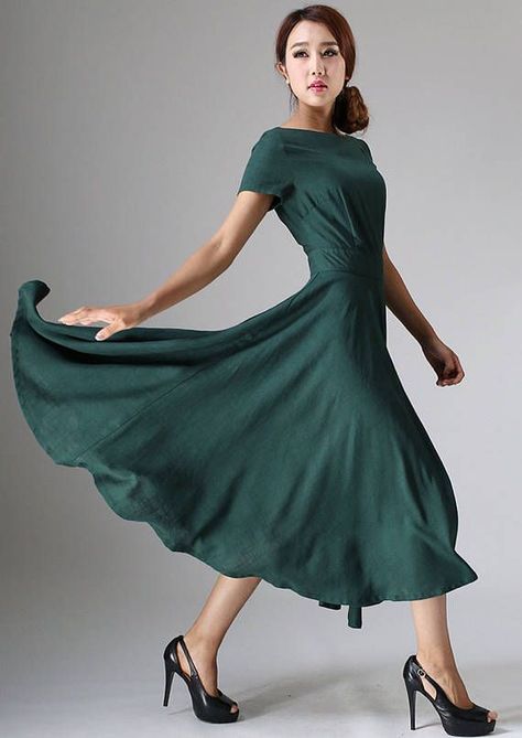 f4a4da9aa7eadfd23c7bdb7cf57b3112desc47896279ri Green Linen Dress, Linen Dress Women, Floaty Dress, Boat Neck Dress, Dress Flowy, Dress Woman, Dress Linen, Linen Maxi Dress, Linnet