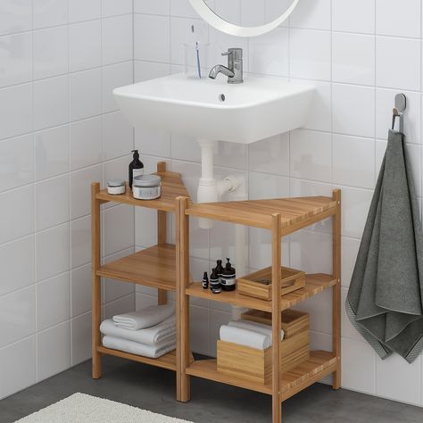 RÅGRUND / TYNGEN Sink shelf/corner shelf, bamboo, Pilkån faucet - IKEA Lavabo D Angle, Shelf Corner, Bathroom Sink Cabinets, Sink Shelf, Under Sink Storage, Ikea Store, Sink Storage, Bathroom Storage Organization, Corner Shelf