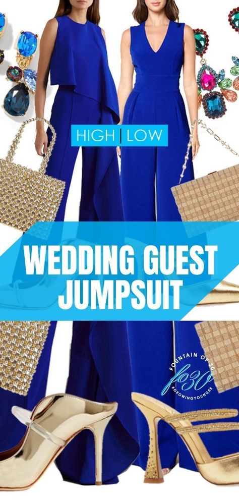 Here's how to style a jumpsuit to wear to a wedding. You can wear it with high end designer pieces or low priced lookalike. Or mix it up for high low styling. #fashion #over40 #over50 #weddingattire #jumpsuit Dressy Rompers Women Wedding, How To Style A Navy Blue Jumpsuit, Formal Romper Outfit, Jumpsuit Styling Ideas For Party, Dress Up Jumpsuit, Wedding Guest Jumpsuit Spring, How To Style A Jumpsuit Dressy, Wedding Guest Over 50 What To Wear, Blue Jumpsuit Outfit Wedding