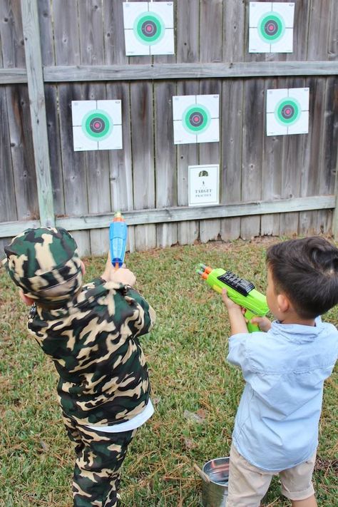 Target shooting activity from a Military Toy Soldier Birthday Party on Kara's Party Ideas | KarasPartyIdeas.com (22) Soldier Birthday Party, Army Party Decorations, Army Themed Birthday, Soldier Party, Hunting Birthday Party, Camo Birthday Party, Army Birthday Parties, Army Birthday, Camo Party