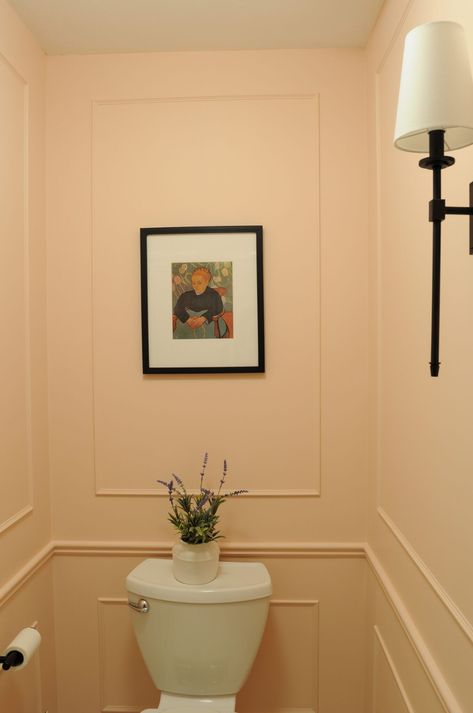 How to add character to your home with traditional box trim molding on the walls | Building Bluebird #diy Pink Board And Batten Bathroom, Diy Box Trim, Diy Trim Molding, Cheap Wall Decor Ideas, Benjamin Moore Historical Colors, Mauve Paint Colors, Box Molding, Panelled Walls, Box Trim