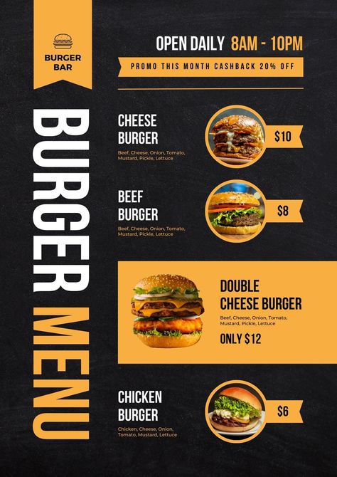 Free printable, customizable lunch menu templates | Canva Menu Design Ideas, Food Truck Menu, Menu Stand, Template Food, Burger Menu, Menu Layout, Menu Food, Food Menu Template, Menu Design Template