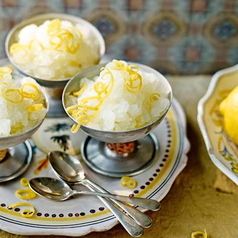 Lemon and limoncello granita  - Sainsbury's Magazine Granita Recipes, Italian Recipes Dessert, Salted Caramel Fudge, Desserts With Biscuits, Italian Dessert, Frozen Yoghurt, Cooking Advice, Chocolate Tart, Lemon Desserts