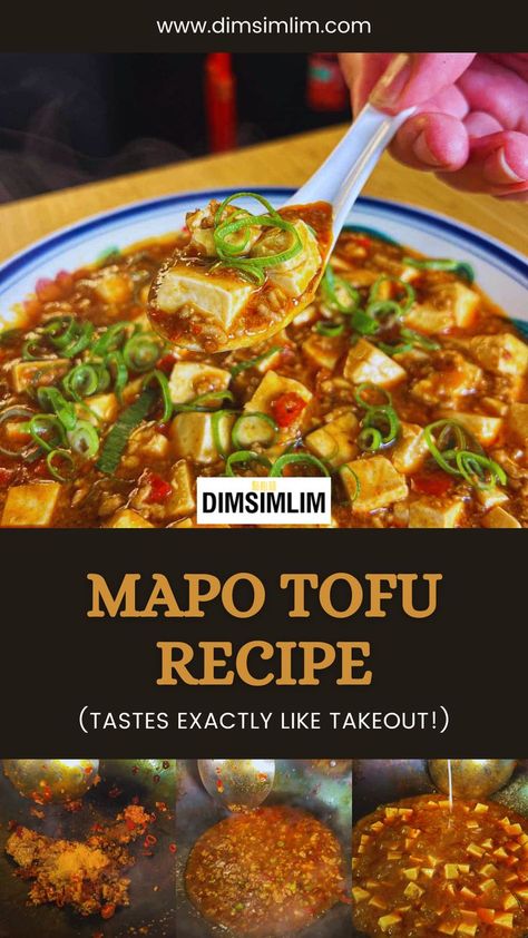 Make takeout-style mapo tofu at home. This classic Chinese recipe delivers authentic flavors with simple ingredients. Get full recipe on dimsimlim.com Japanese Mapo Tofu, Easy Mapo Tofu, Ma Po Tofu Recipe, Pork Tofu Recipe, Mapo Tofu Recipe Easy, Chinese Tofu Recipes, Tofu Spicy, Mapo Tofu Recipe, Ma Po Tofu