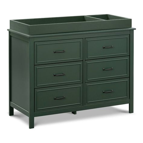 The DaVinci Charlie 6-Drawer Dresser is the perfect accent piece for your nursery or any room in your home. It features six drawers with generous storage capacity and classic metal pulls. With its timeless design, this dresser will complement any bedroom furniture. Also available in this collection: DaVinci Charlie 3-Drawer Dresser. Green Changing Table Dressers, Change Station Nursery, Dresser With Changing Table On Top, Forest Green Nursery, Green Nursery Boy, Clothing Room, Dresser Nursery, Matching Dressers, Changing Table Topper