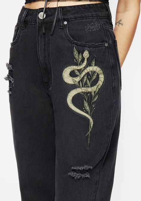 Nirah Embroidered Distressed Mom Jeans – Disturbia Snake Patch, Diy Denim Jacket, Denim Embroidery, Tailored Jumpsuit, Distressed Mom Jeans, Embroidered Pants, Black Snake, Swimwear Dress, Alt Fashion