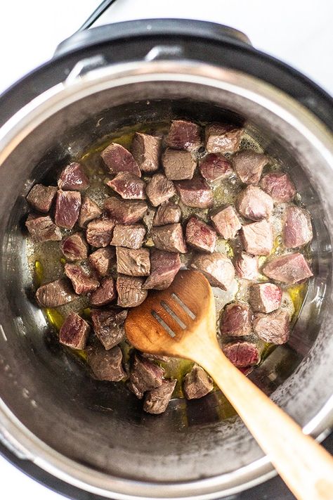 venison sauteed in an instant pot with a wooden spoon Venison Stew Slow Cooker, Deer Steak Recipes, Deer Butchering, Backstrap Recipes, Deer Steak, How To Cook Venison, Venison Tenderloin, Venison Stew, Man Recipes