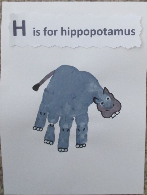 Hippo handprint Hippo Footprint Craft, Hippo Handprint Craft, Letter H Handprint Craft, Animal Handprints, Handprint Animals, Handprint Alphabet, Letter H Crafts, Hippo Crafts, Animal Art Projects