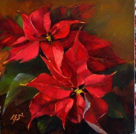 Poinsettia Painting, Xmas Paintings, Winter Christmas Scenes, Painted Florals, Arte Folk, Christmas Artwork, Holiday Painting, Floral Oil Paintings, Christmas Poinsettia