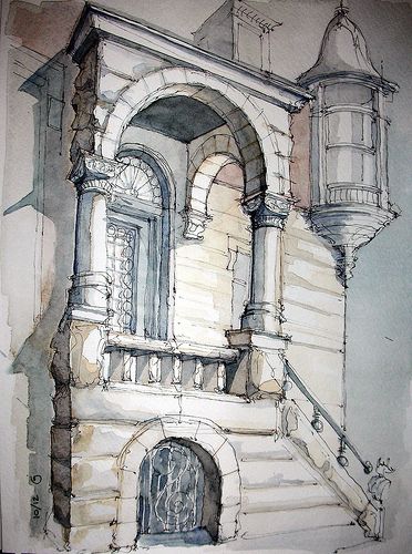 Sterling and 7th | Flickr - Photo Sharing! Building Sketch, Building Drawing, Watercolor Architecture, Watercolor Water, Architecture Drawing Art, Architectural Sketch, Urban Sketching, Watercolor Sketch, Old Building