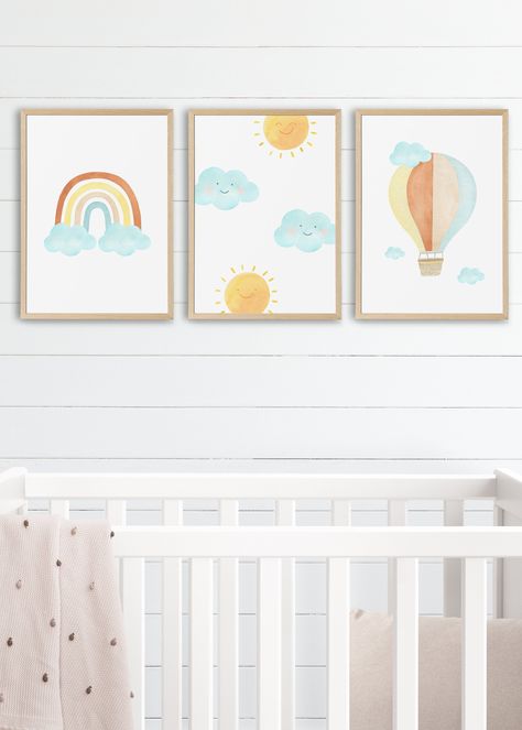 Toddler Boy Room Wall Art, Newborn Wall Art, Nursery Canvas Art Diy, Baby Boy Nursery Artwork, Balloon Sun, Boy Nursery Artwork, Hot Air Balloon Nursery Decor, Baby Room Artwork, Watercolor Nursery Art