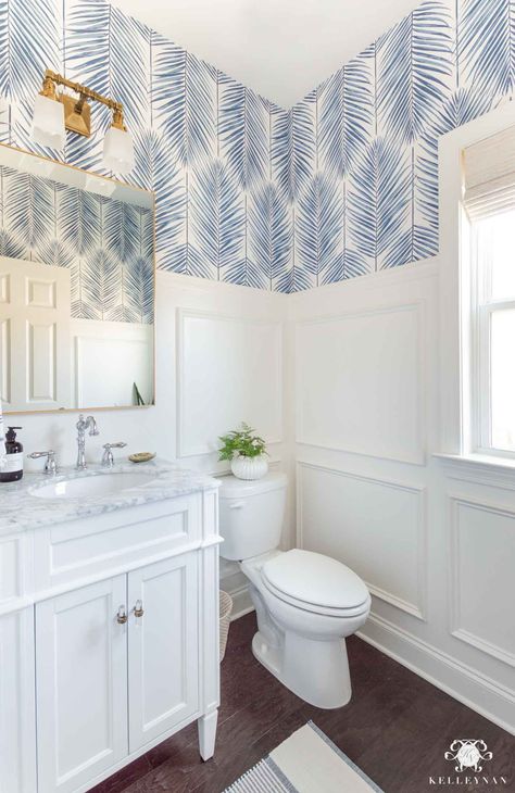 Coastal Powder Room - A Modern, Classic Design - Kelley Nan Coastal Powder Room, Powder Room Design Ideas, Powder Room Remodel, Blue And White Wallpaper, Bath Makeover, Powder Room Makeover, Powder Room Decor, Palm Wallpaper, Small Bathroom Vanities