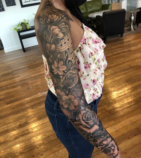 You know what's worse than having a messed up tattoo design on your skin forever? Getting called out about that epic fail online. Tattoo Swirls Shading, Women Full Arm Sleeve Tattoo, Unique Full Sleeve Tattoos For Women, Tattoo Sleeve With Roses, Womens Realistic Sleeve Tattoo, Woman’s Full Sleeve Tattoo, Sleeve Tattoo Themes For Women, Women’s Upper Arm Sleeve Tattoo, Women Shoulder Sleeve Tattoo