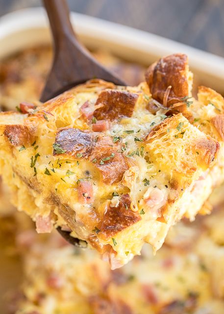 Ham & Cheese Croissant Casserole - love this overnight breakfast casserole! Ham, croissants, swiss cheese, eggs, half-and-half, dry mustard, honey, salt and pepper. Assemble the night before and bake in the morning. Great way to use up any leftover holiday ham!! #casserole #breakfast #croissant #makeaheadcasserole Breakfast Casserole Ham, Ham Cheese Croissant, Croissant Casserole, Ham Breakfast Casserole, Ham And Cheese Croissant, Ham Breakfast, Cheese Croissant, Overnight Breakfast Casserole, Ham Casserole