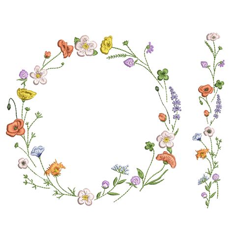 Flower Drawing Doodles, Floral Embroidery Border, Wildflower Embroidery, Cute Flower Drawing, Floral Machine Embroidery Designs, Bird Wreath, Flower Machine Embroidery Designs, Wildflower Wreath, Clover Flower