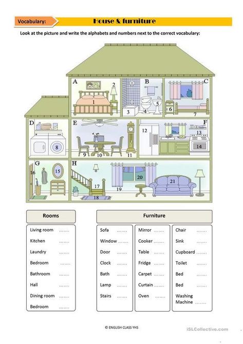 This is a fun worksheet to practice house and furniture vocabulary. Have your students match the correct rooms and furniture. Interior Design Worksheet, Furniture Vocabulary English, House Vocabulary English, English House Plans, House Vocabulary, Classroom Vocabulary, New Vocabulary, English Houses, Vocabulary English