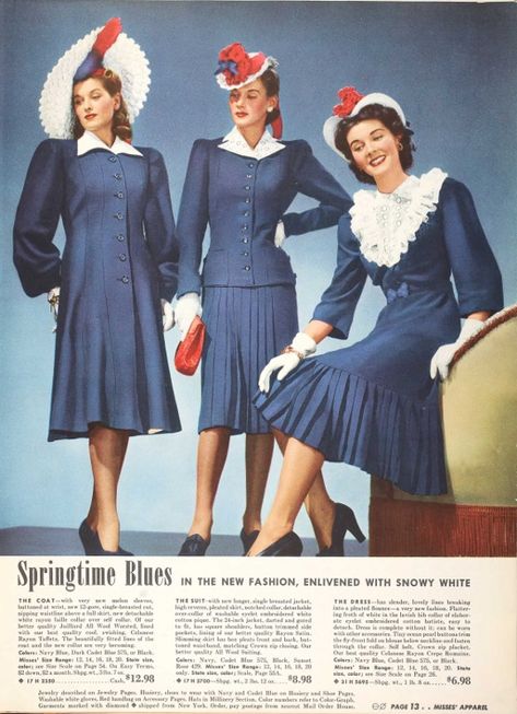 40s vintage clothing ad showing patriotic prints 1940s Catalog, 1940's Dresses, Vintage Outfits 40s, 1940 Fashion, Fashion Teens, Vintage Outfits 50s, 1940s Women, 1940s Outfits, 1940's Fashion