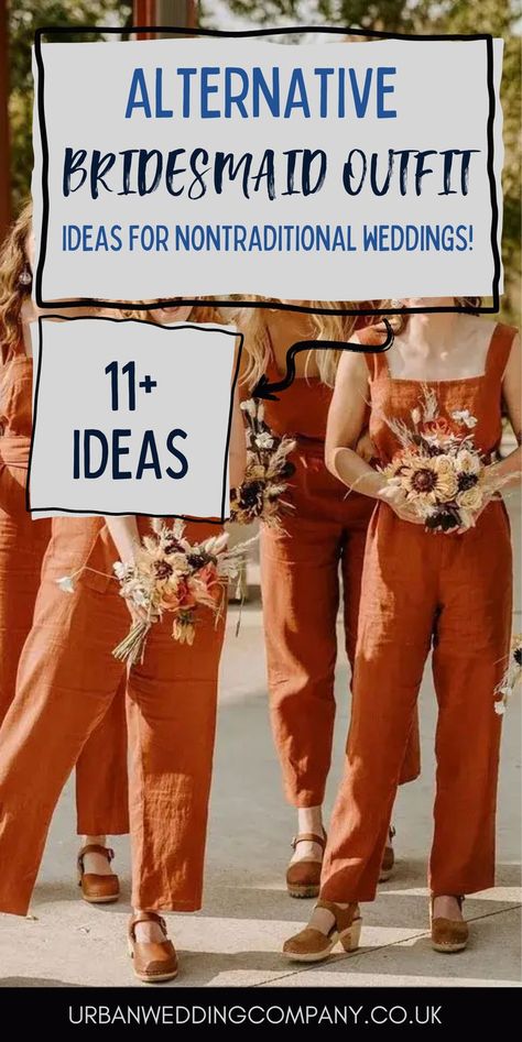 Looking for cool modern bridesmaid dress alternative? We have 11 nontraditional bridesmaid dresses and outfit ideas for couples looking for something unique. Modern unique bridal party goals! Wedding Traditions Unique, Unconventional Wedding Reception, Non Traditional Bridesmaid Dresses, Fun Wedding Ideas Unique, Alternative Bridesmaid Dresses, Bridal Party Looks, Outfit Ideas For Couples, Alternative Bridesmaid, Bridesmaid Dress Ideas