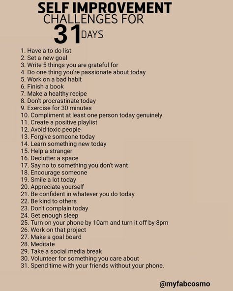 Printable self improvement challenges for 31 days Self Improvement Project, 31 Day Challenge Life, Things To Do At The Start Of A New Year, 90 Day Self Improvement Challenge, 3 Month Challenge Life, Daily Challenges To Better Yourself, 6 Month Self Improvement Challenge, Work On Yourself For 6 Months, 6 Month Challenge To Better Yourself