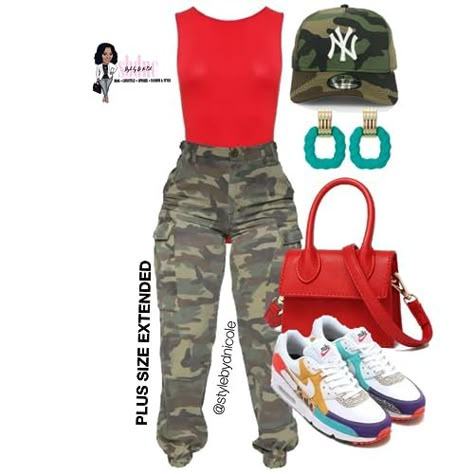 The Style by D. Ni'Cole™ Way's Amazon Page Vegas Sneakers Outfit, Camouflage And Red Outfit, Trendy Outfits With Sneakers, Spring Sneaker Outfits Black Women, Women Camo Outfits, Casual Sneaker Outfit, Chic Sneaker Outfits Summer, Summer Outfit Sneakers, Amazon Inspired Outfit