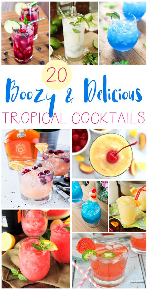 A collection of 20 boozy and delicious tropical cocktail recipes that are perfect for warmer months. These drinks will make you feel like you're on vacation! Mixed Cocktail Recipes, Yummy Cocktail Recipes, Cute Summer Cocktails, Fun Mixed Drinks Alcohol, Refreshing Alcoholic Drinks, Aloha Recipes, Cocktail Party Recipes, Fun Cocktail Recipes, Alcoholic Shots