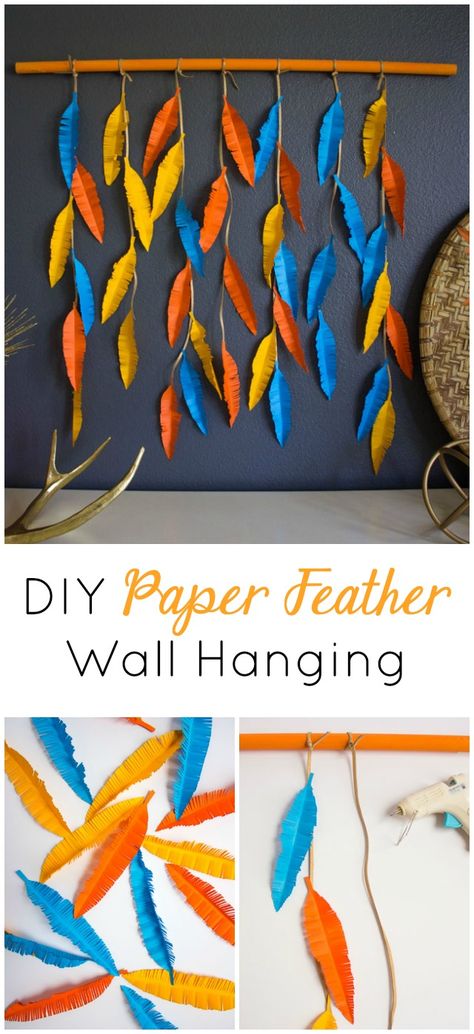 This paper feather wall hanging is so easy to make for fall! #wallhanging #featherwallhanging #paperart #fallcraft Paper Wall Art Diy, Paper Decorations Diy, Feather Wall Decor, Paper Wall Decor, Paper Feathers, Feather Wall Hanging, Budget Crafts, Paper Wall Hanging, Wall Hanging Crafts