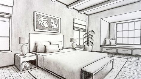 One Point Perspective Room, 2 Point Perspective Drawing, Perspective Room, Drawing Heart, Bedroom Drawing, Drawing Interior, Interior Design Drawings, Interior Design Sketch, Interior Design Sketches