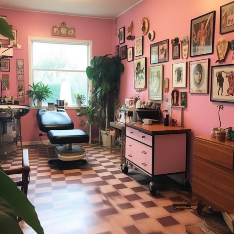 Cool Tattoo Studio Interior, Tattoo Parlour Interior, Piercing Booth Ideas, Tattoo Suite Decor, Mobile Tattoo Shop, Tattoo Studio Aesthetic Pink, Tattoo Booth Decor, Piercing Studio Aesthetic, Cute Tattoo Studio