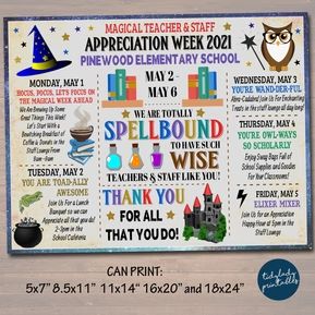 Teacher Appreciation Weekly Itineraries | TidyLady Printables Staff Break Room, Harry Potter Teachers, Teacher Appreciation Week Themes, Teacher Appreciation Themes, Customer Service Week, Schedule Of Events, Staff Appreciation Week, Magic Theme, Teacher Appreciation Gifts Diy