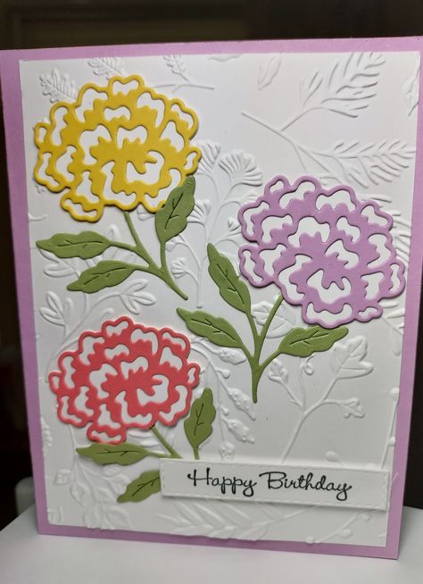 Stampin Up Marigold Moments, Marigold Moments Stampin Up Cards, Coneflower Cards, Marigold Moments, Flowers Cards, Marigold Flowers, Dainty Flowers, Birthday Card Craft, Marigold Flower