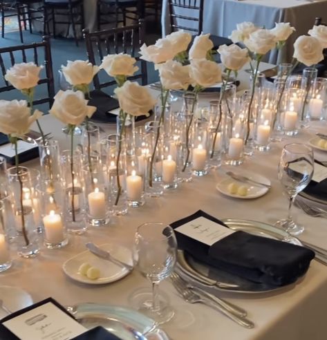 Weddings Ideas Elegant, Dinner Party Bridal Shower Ideas, White Roses Bridal Shower Decor, White Roses Long Table, Wedding Table Set Up With Candles, White Wedding Table Decor With Candles, Antique Silver Wedding Decor, Classy Wedding Centerpieces Diy, Simple Wedding Table Centrepiece