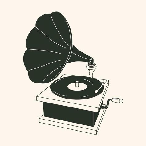 Black and white Cartoon Retro Gramophone record player drawing. Cute vector illustration of vintage music equipment. Records Drawing, Gramophone Drawing, Record Cartoon, Gramophone Illustration, Record Player Drawing, Diya Paintings, Vinyl Drawing, Vinyl Holder, Cute Vector Illustration