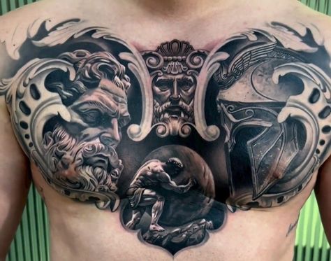 Spanish Conquistador Tattoo, Greek Chest Tattoo Men, Greek Mythology Tattoos Chest, Greek Mythology Chest Tattoo, Spartan Chest Tattoo, Chest Sleeve Tattoo Men, Half Chest Tattoo Men Ideas, Mens Chest Tattoos, Full Chest Tattoos