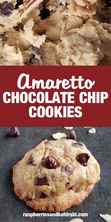 Chocolate chip cookies with amaretto and almonds. Toasted Almond Amaretto Cookies, Amaretto Butter Cookies, Chocolate Amaretto Cookies, Cookies With Amaretto, White Chocolate Amaretto Cake, Desserts With Amaretto, Amaretto Deserts, Recipes With Amaretto Liqueur, Cherry Amaretto Cookies