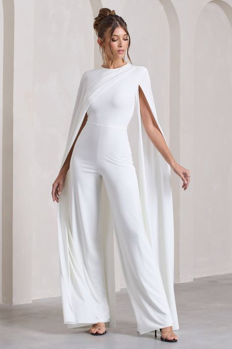 Harley White Straight-Leg Jumpsuit With Cape Sleeves – Club L London - USA Jump Suites Elegant Wedding, Long Sleeve Wedding Jumpsuit, Mexican Jumpsuit, Bridal Jumpsuit With Cape, Graduation Outfit Ideas White, Engagement Jumpsuit, Bridal Jumpsuit The Bride, Officiant Attire, Wedding Views