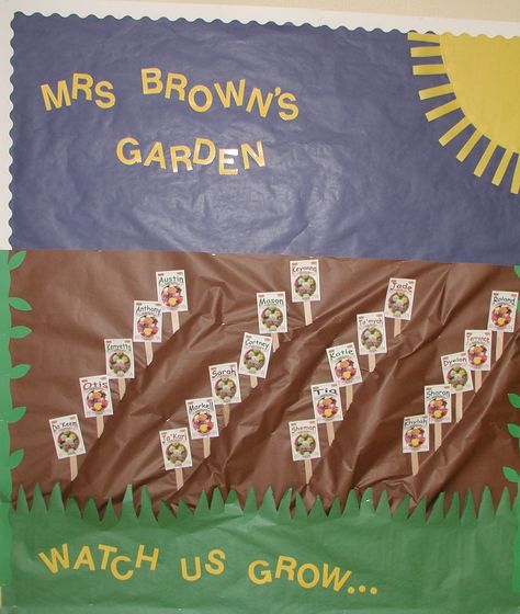 beginning kindergarten bulletin board Growing Bulletin Board Ideas, Growing Classroom Theme, Watch Us Grow Bulletin Board, Garden Bulletin Board Ideas, Garden Classroom Theme, Beginning Kindergarten, Farm Bulletin Board, Garden Bulletin Boards, Kindergarten Bulletin Board