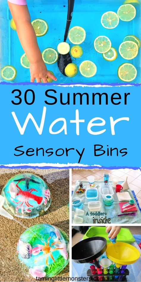 Cool down these summer holidays with 30 of the coolest water based sensory bins. These sensory activities are fantastic for babies, toddlers and preschoolers who need to strengthen fine motor skills, and learn through play.  #sensory #summer #babies #toddlers #preschoolers #finemotor Summer Toddler Sensory Activities, Water Sensory Play Preschool, Water Play Activities For Preschoolers Sensory Table, Outdoor Water Sensory Play, Preschool Summer Sensory Bin, Diy Water Sensory Bin, Water Sensory Activities Preschool, Summer Sensory Bin Kindergarten, Outdoor Sensory Bin Ideas