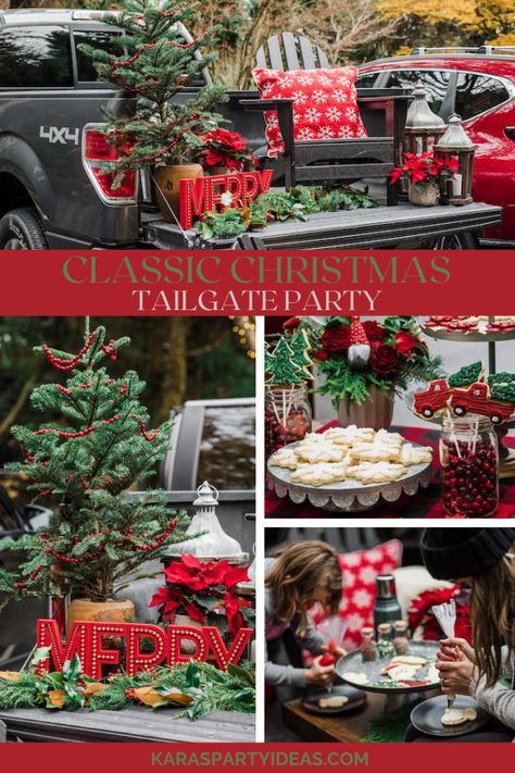 Tailgate Christmas Party, Christmas Tailgate Party, Backyard Christmas Party, Christmas Greenery Wreath, Warehouse Party, Woodinville Washington, Outdoor Christmas Party, Christmas Cocktail Party, Holiday Tea