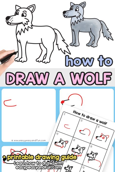 Action Drawing, Christmas Drawings For Kids, Draw A Wolf, Easy Fish Drawing, Very Easy Drawing, Easy Christmas Drawings, Directed Drawing, Kids Worksheets Printables, Marker Paper