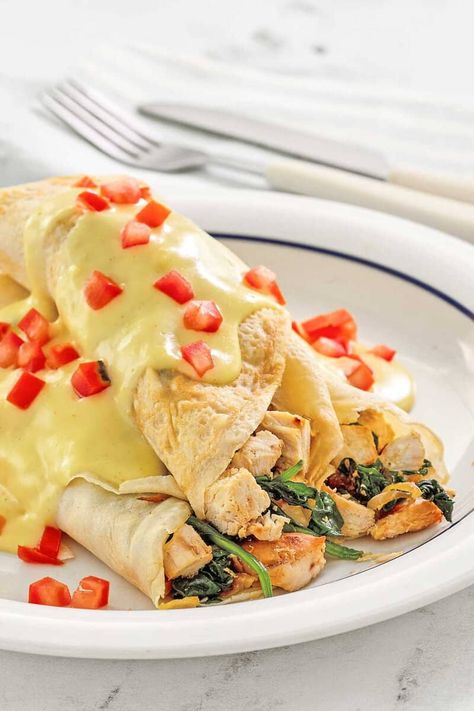 IHOP Chicken Florentine Crepes - CopyKat Recipes Chicken Florentine Crepes Recipe, Chicken Florentine Crepes, Breakfast Crunchwrap, Chicken Crepes, Popular Breakfast Recipes, Crepes Filling, Chicken Florentine, Copykat Recipes, Copycat Restaurant Recipes