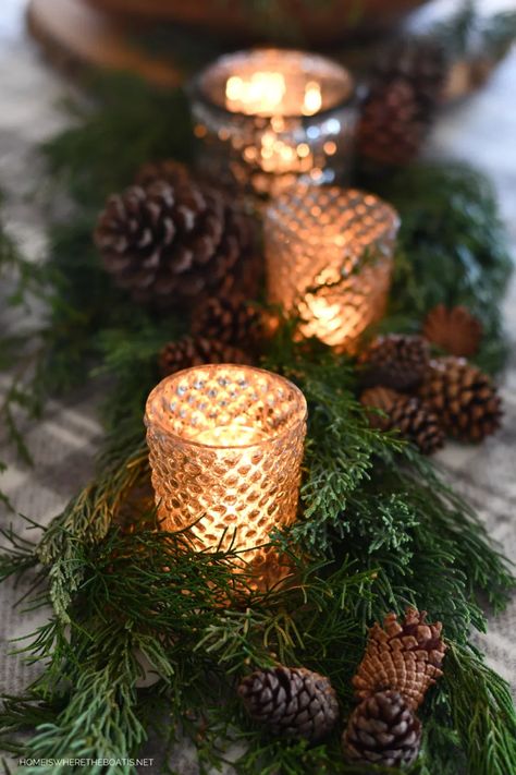 Mercury glass votives, greenery and pine cones Winter Owl Table | ©homeiswheretheboatis.net #tablescapes #winter #owl #DIY Birch Centerpieces, Mercury Glass Centerpiece, Winter Table Centerpieces, Owl Centerpieces, Owl Diy, Winter Table Decor, Winter Tablescapes, Mercury Glass Votives, Winter Centerpieces