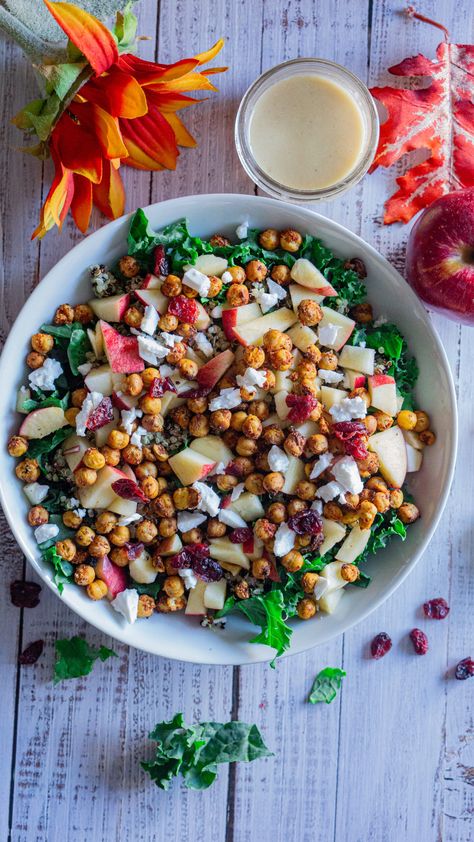 Fall Inspired Kale Salad Meal Prep Quinoa, Chickpea Kale Salad, Air Fried Tofu, Seasoned Chickpeas, Vegan Feta Cheese, High Protein Vegan, Large Salad Bowl, Vegan Meal Prep, Fried Tofu