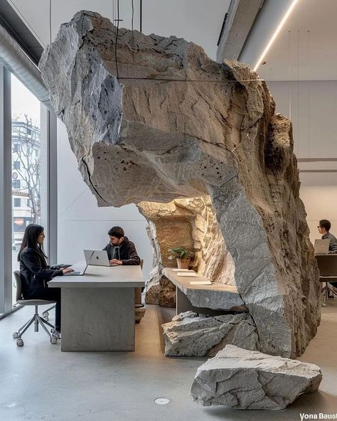 Stone office⁠ ⁠ ✍️: @shael.ai • Tag illustrarch in your posts and stories for a chance to be featured.⁠ ⁠ 🏷️ #architecturaldesign #landscapearchitecturelife #archidesign #architectslife #pimpmyplan Rock Interior, Wellness Center Design, Cave Hotel, Indoor Bonsai Tree, Windmill Design, Modern Office Interiors, Architecture Life, Archi Design, Indoor Bonsai