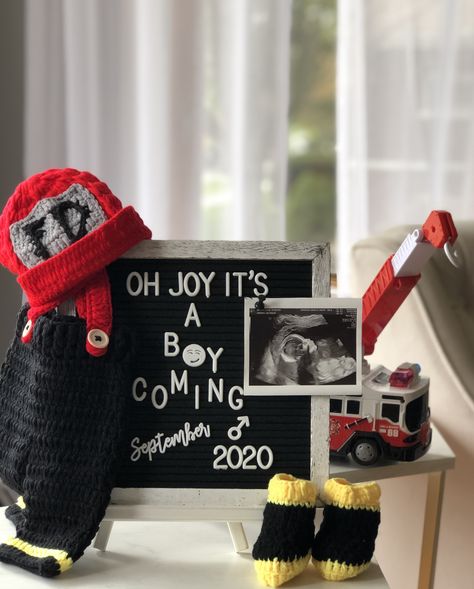 Fire Truck Gender Reveal Ideas, Firefighter Gender Reveal, Firefighter Gender Reveal Ideas, Gender Reveal For Firefighters, Fire Department Gender Reveal Ideas, Firefighter Maternity Pictures, Junior Firefighter, Fire Fighter Gender Reveal Shower Ideas, Firefighter Baby Announcement