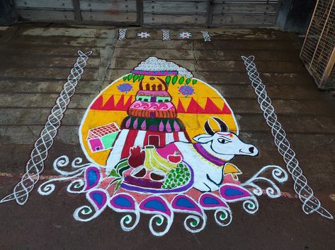 Maatu pongal Rangoli # sankaranti Maatu Pongal Kolam, Maatu Pongal, Pongal Rangoli, Pongal Kolam, Rangoli Designs, At Home, Kids Rugs, Quick Saves, Home Decor