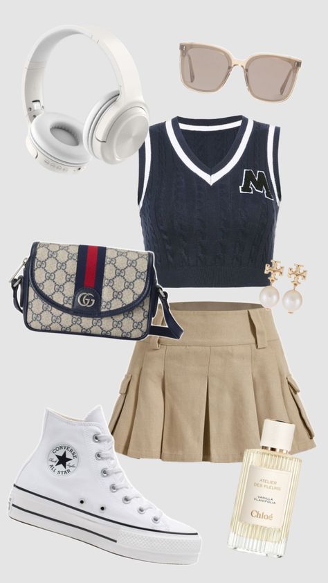 Outfit Inspo! #outfitinspo #outfit #outfitideas #style #fashion #fashioninspo #preppy #preppyaesthetic #school #schoolfit #aesthetic #cute #girly #sporty #summer #beige #navyblue #trendygirlaesthetic T Shirt Over Dress Outfits, T Shirt Over Dress, Shirt Over Dress, Himekaji Outfits, Dancer Outfit, Casual Sporty Outfits, Summer Outfits 2024, Dancers Outfit, Over Dress